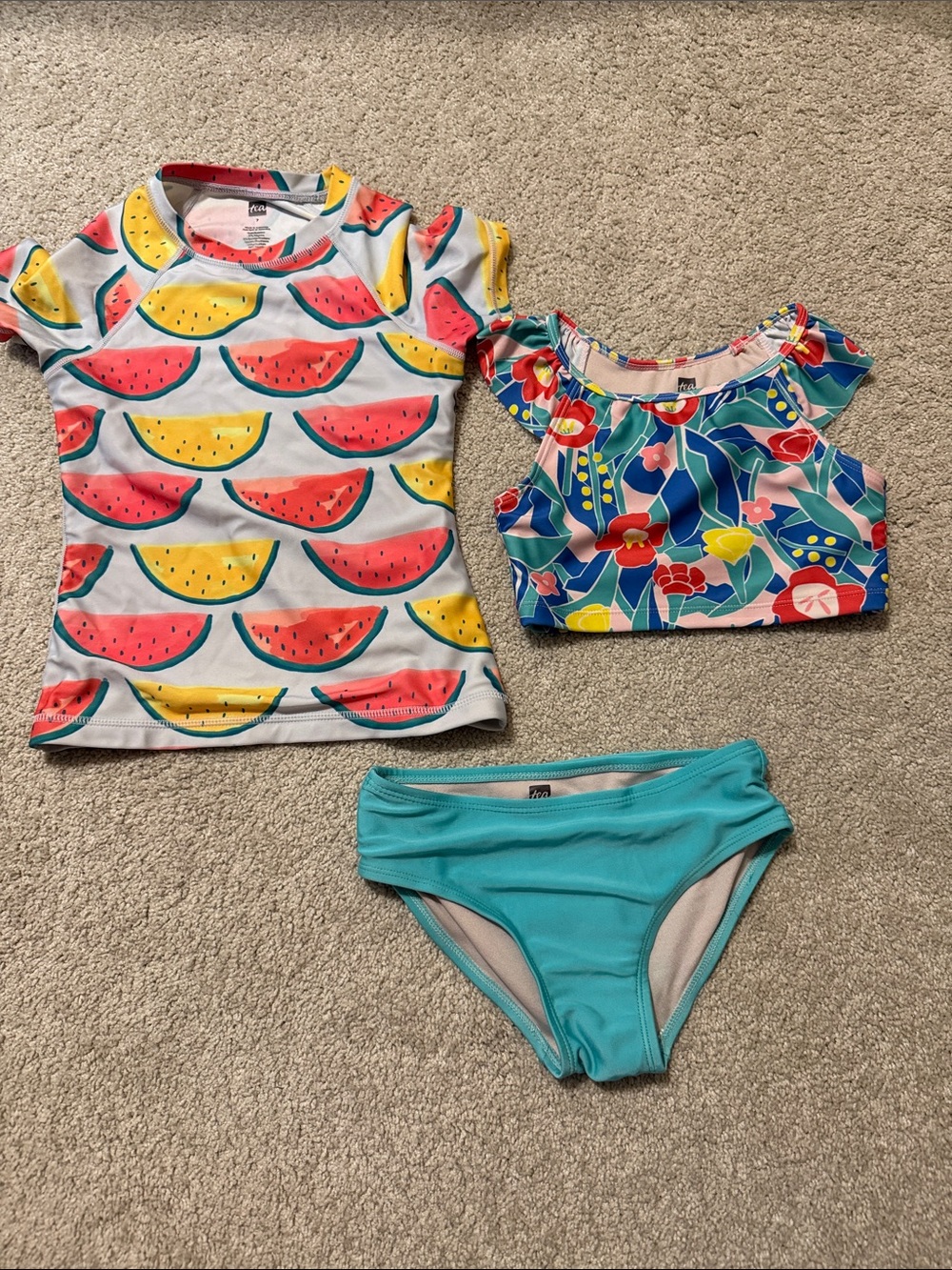 Kids 3-Piece Swim Set - Watermelon Rash Guard, Floral Top & Teal Bottoms